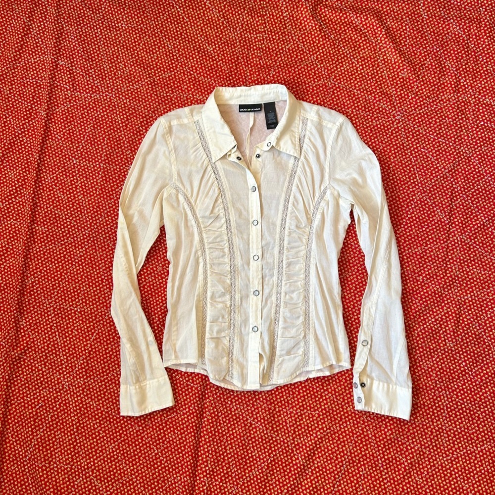 DKNY Jeans Cream Lace Trim Ruffle Snap Front Long Sleeve Blouse Medium